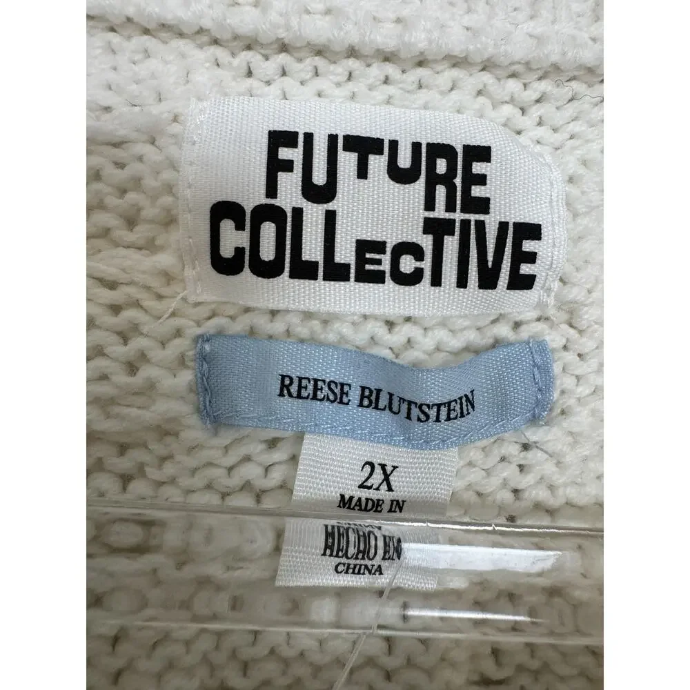 Future Collective Sweater Womens 2X White Cable Knit Raglan Pullover Crew Neck